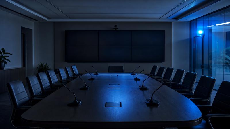 Muted video-call layoff meeting in a dark corporate room