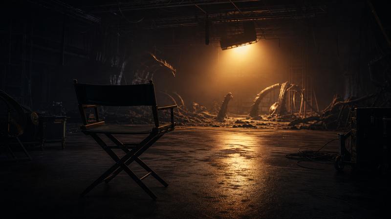 Empty director chair under amber light on a darkened stage