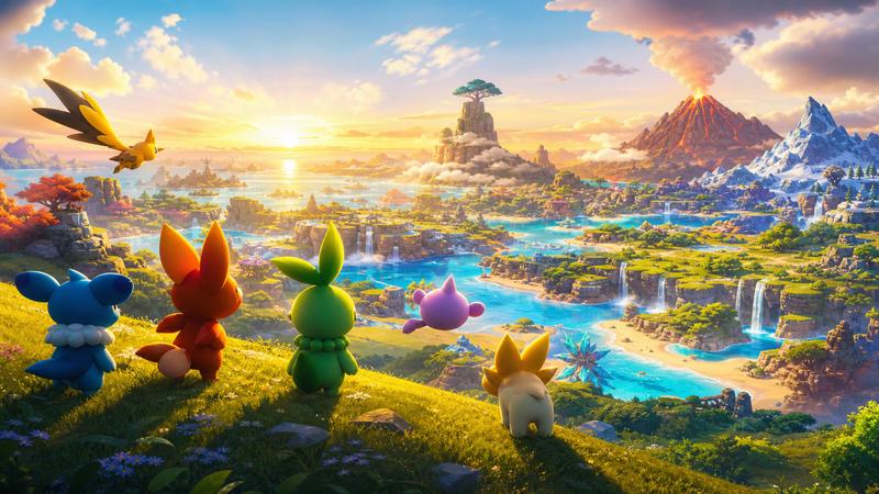 Colorful creature adventure island at golden hour
