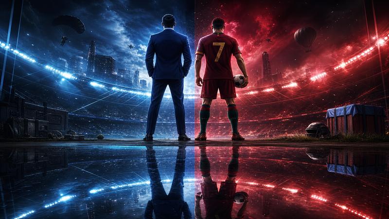 Football kit and suit silhouettes reflected under stadium neon