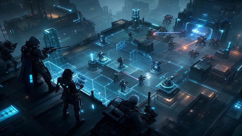 Neon industrial battlefield with holographic tactics grid