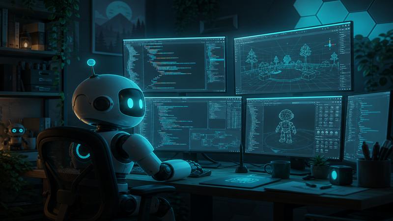 Robot mascot at glowing monitors with game engine wireframes