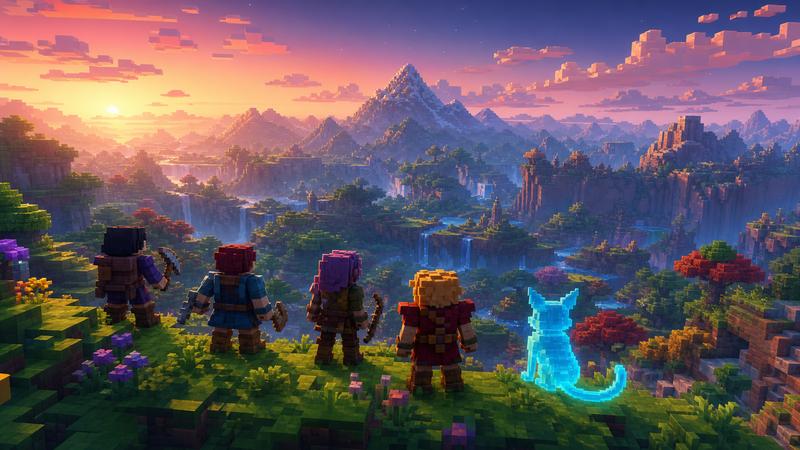 Voxel adventurers and spirit companion overlooking mountains