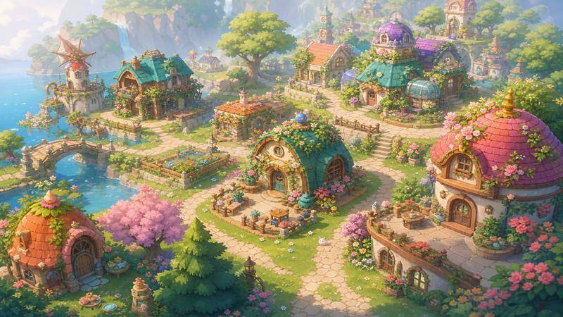 Pastel magical garden village with flower rooftops