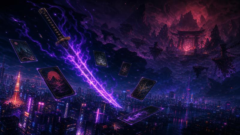 Cursed sword and floating cards over neon Tokyo underworld skyline