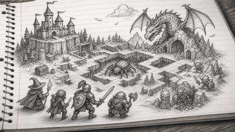 Hand-drawn dungeon pages rising from lined notebook paper