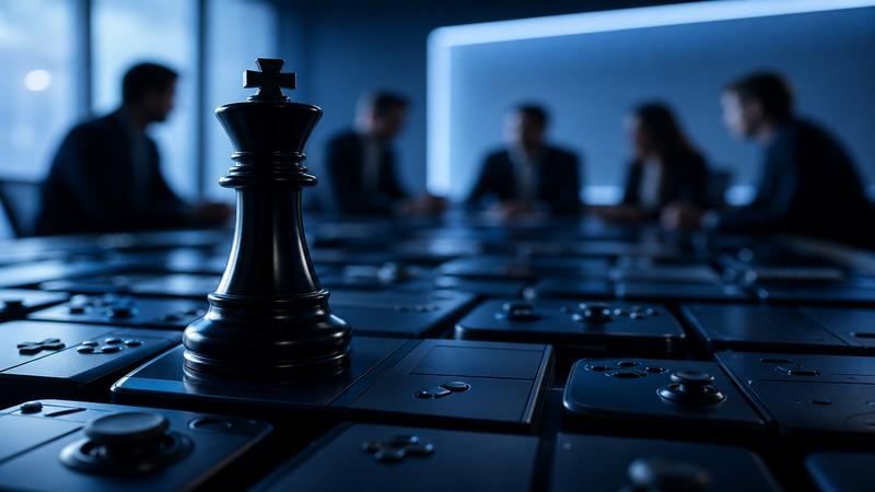 Chess king on a dark console-shaped strategy board