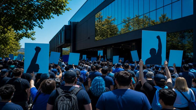 Crowds rallying outside Bethesda ZeniMax headquarters under summer heat