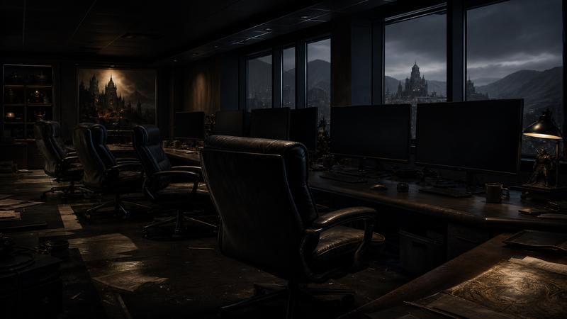 Empty leadership chairs in a darkened online MMO studio war room