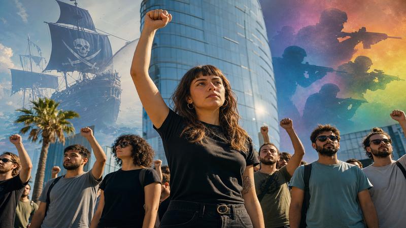 Strike banners outside a glass Barcelona game studio tower