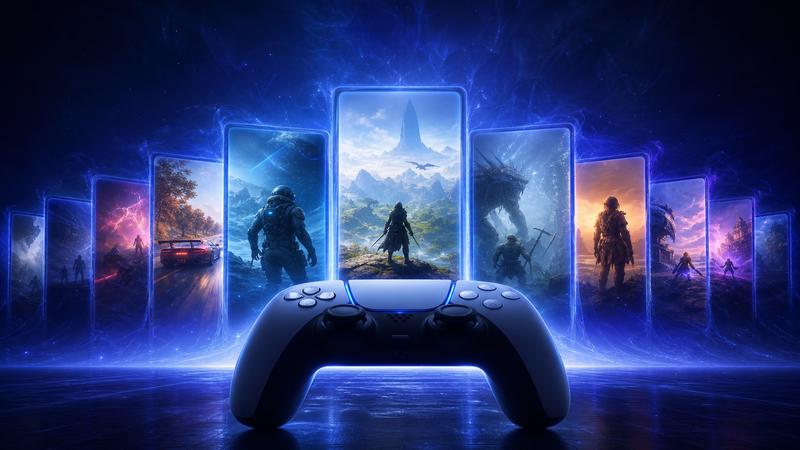 Samurai and Pandora landscapes split across a PlayStation Plus catalog board