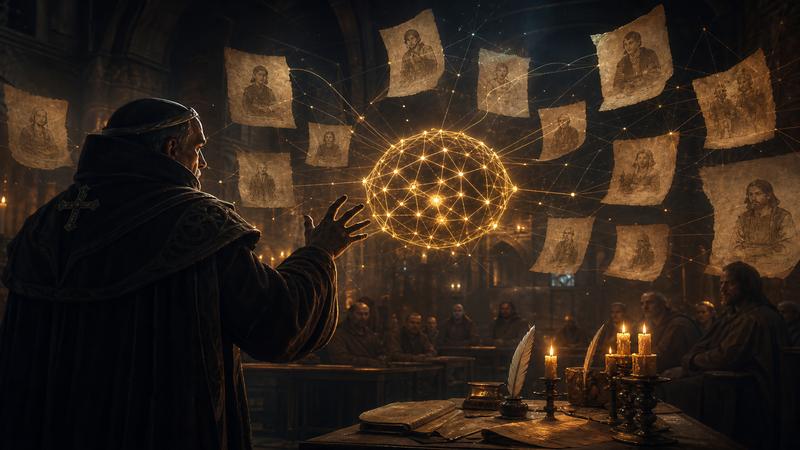 Medieval inquisitor confronting a glowing local AI language model sigil