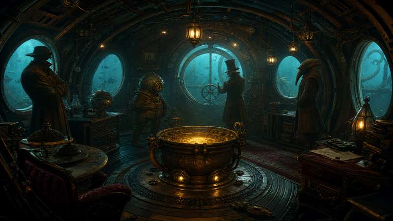 Ornate mermaid mask floating in a dim submarine corridor