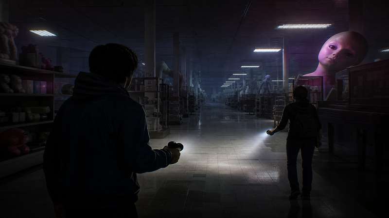 Abandoned megastore aisles glowing under emergency horror lighting