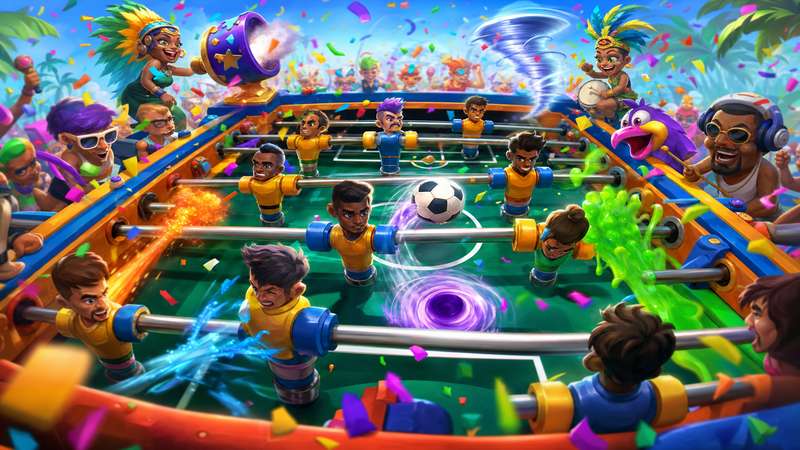 Chaotic colorful foosball table with Brazilian party-game characters