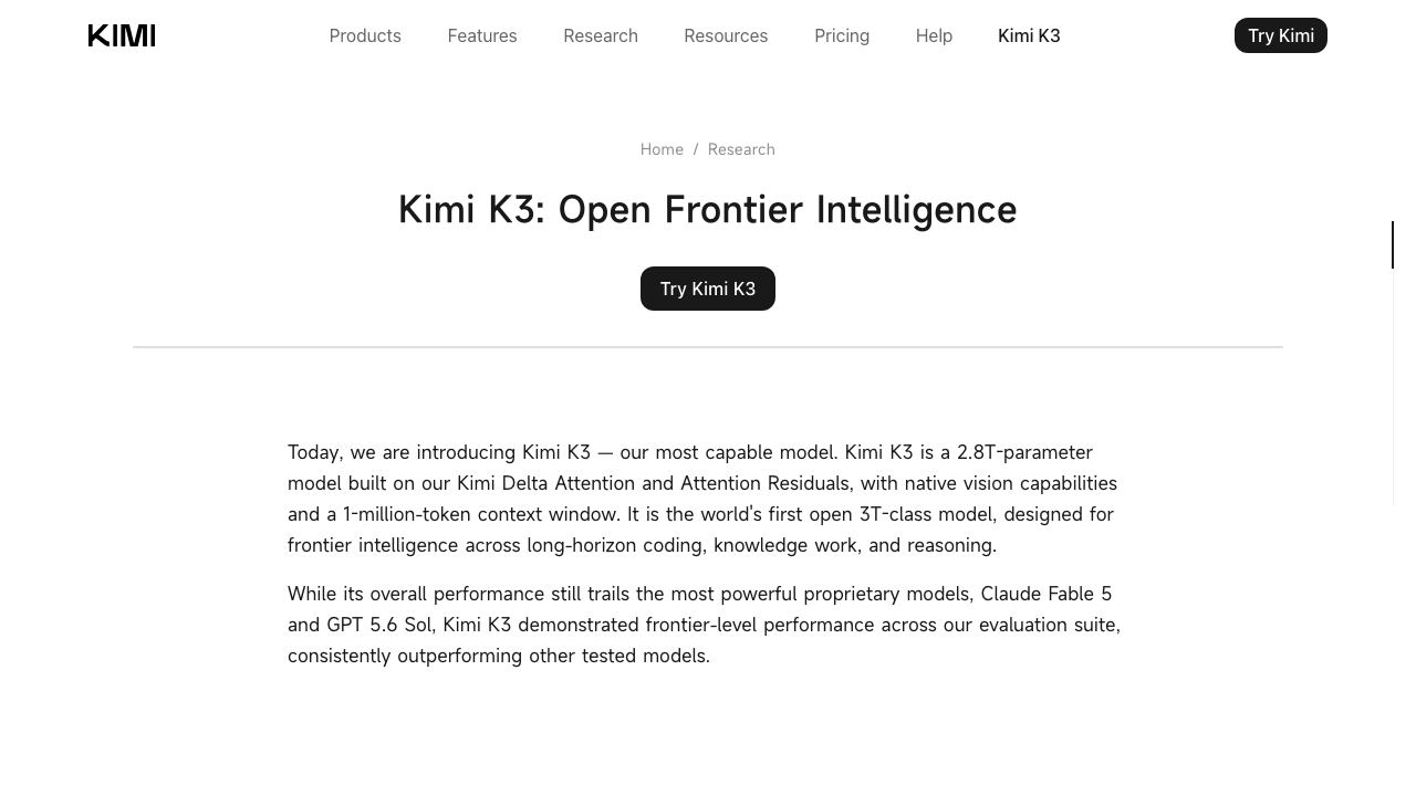 Kimi K3 official launch page showing the new model