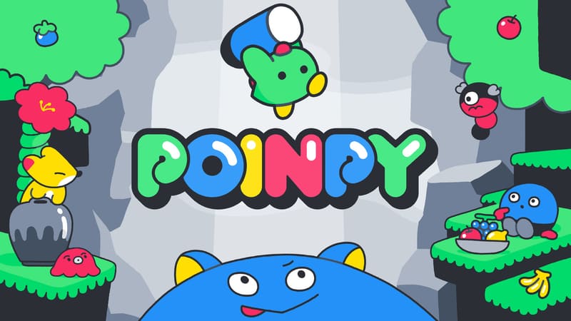 Poinpy jumping upward with fruit in the mobile platformer