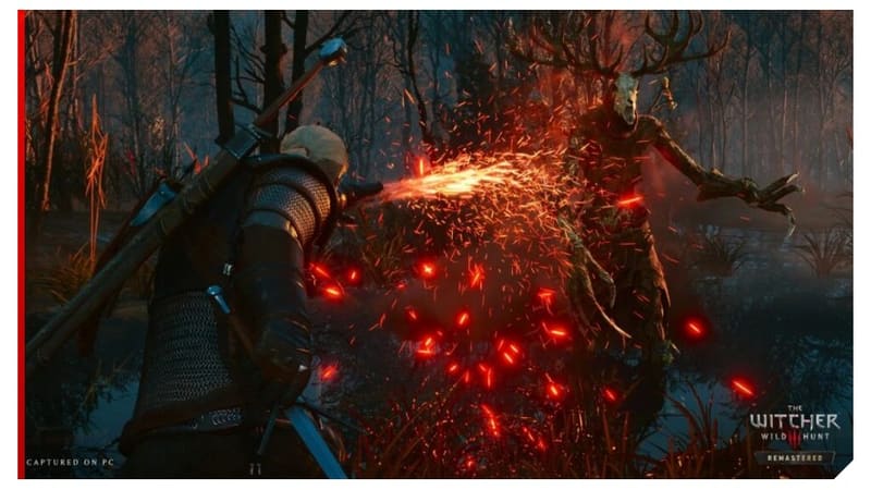 The Witcher 3: Wild Hunt – Remastered screenshot of Geralt casting Igni at a horned swamp creature