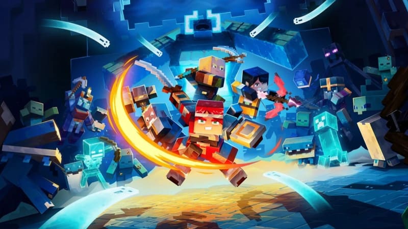 Minecraft Dungeons II key art of blocky heroes fighting mobs in a glowing blue dungeon