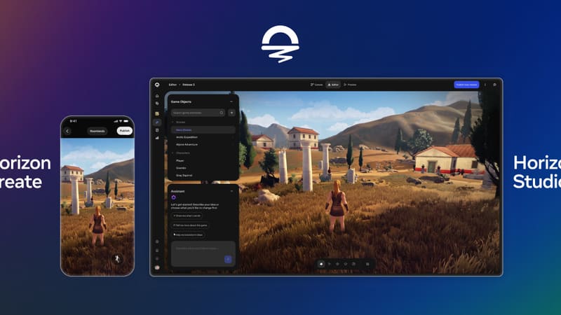 Meta Horizon Create on a phone next to the Horizon Studio browser editor showing a 3D game scene