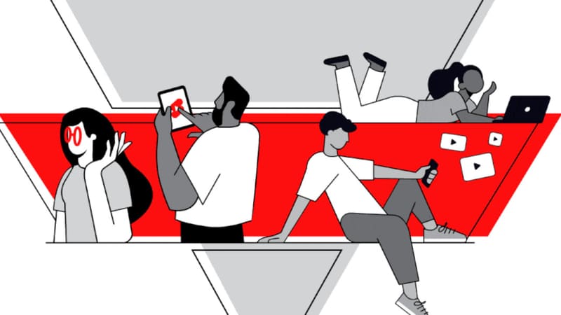 Illustration of people using phones, tablets and laptops in red and gray, from YouTube’s announcement