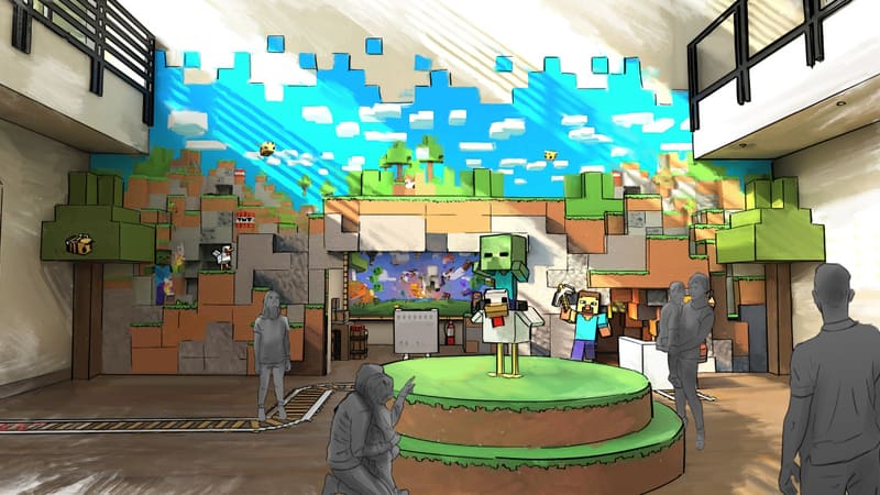 Concept art of a Minecraft-themed lobby with a blocky mural and a chicken statue