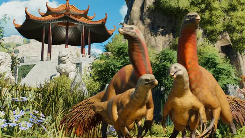 Feathered therizinosaurs beside a pagoda and stone guardian lion in Jurassic World Evolution 3: Prehistoric East