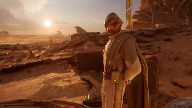 A helmeted Star Wars Galactic Racer character beside a vehicle at sunset