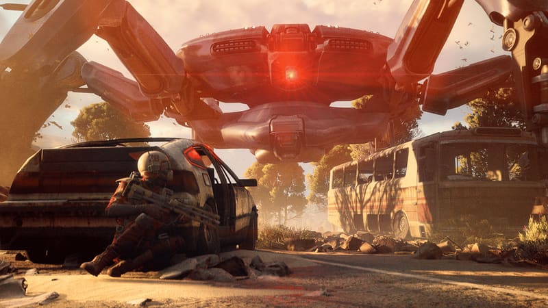 An ARC Raiders player takes cover beneath a large red-lit machine