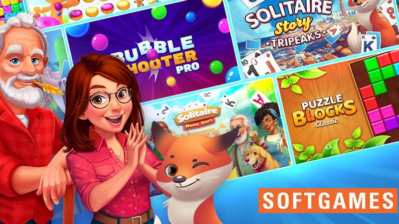 Softgames collage showing Bubble Shooter, Solitaire and Puzzle Blocks artwork