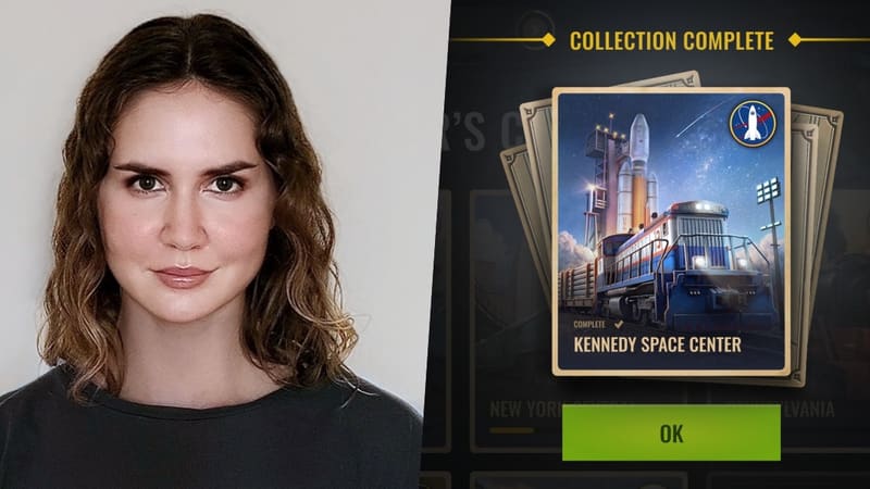 Portrait of Tatiana Vinogradova beside a Railroad Empire collection reward screen