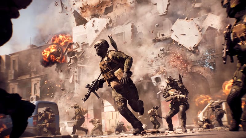 Soldiers running past an explosion in Battlefield 6