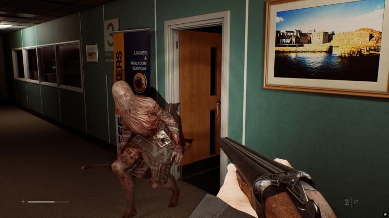 A creature approaches a shotgun-wielding player in a Townfall corridor