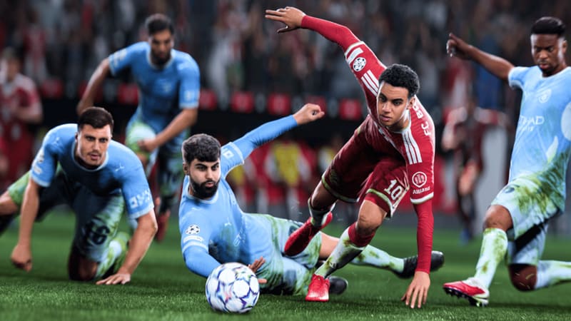 Football players contesting the ball in an EA football game
