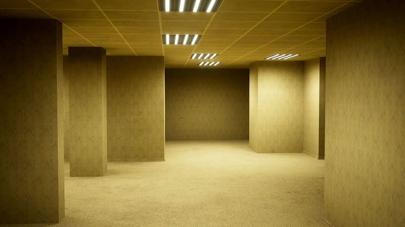Empty yellow corridors in Escape the Backrooms