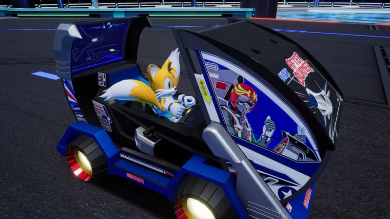 Tails driving a futuristic kart in Sonic Racing CrossWorlds