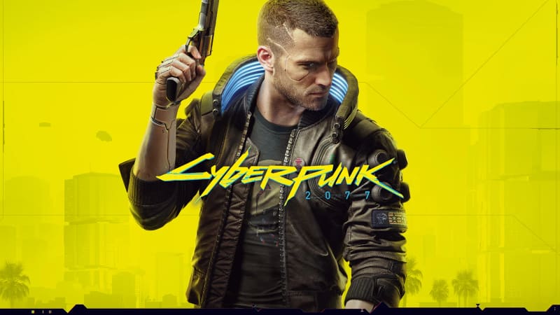 Cyberpunk 2077 protagonist holding a handgun against yellow artwork