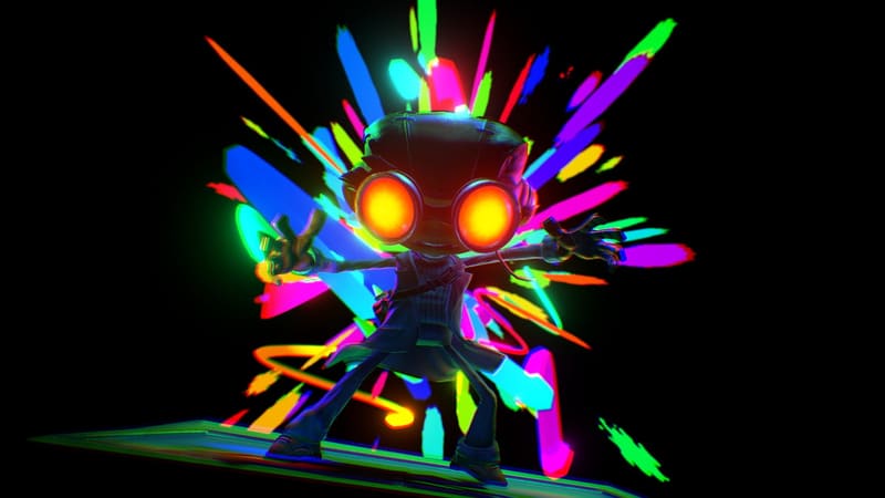 Raz wearing glowing goggles against colorful Psychonauts 2 artwork