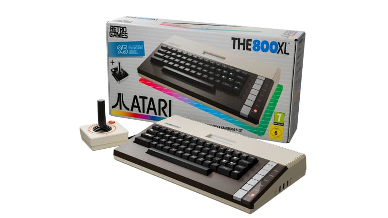 The Atari 800XL recreation, joystick and retail packaging