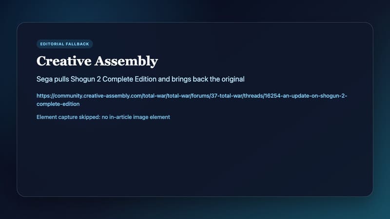 Source information card for Creative Assembly's Shogun 2 update