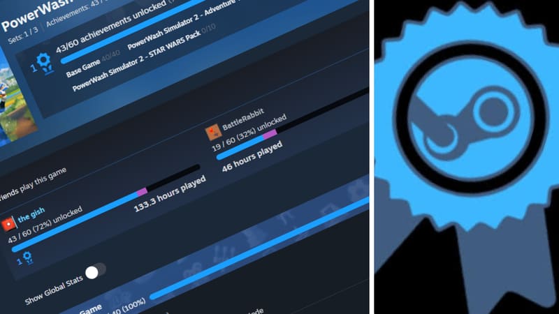 Steam achievements page beside a blue achievement icon