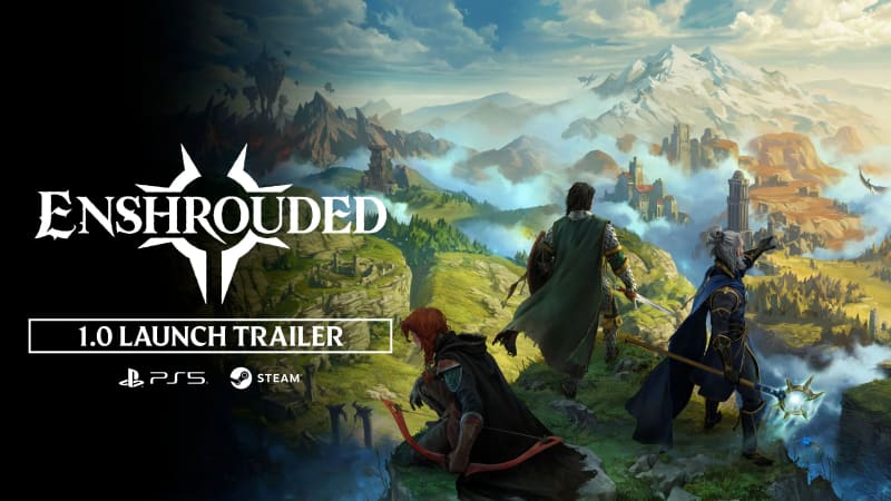 Enshrouded heroes overlooking the fantasy world of Embervale