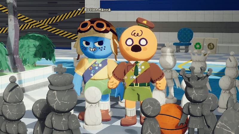 Two Peak characters climbing through a giant chess-set environment