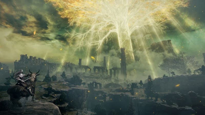 An Elden Ring rider looking toward the golden Erdtree