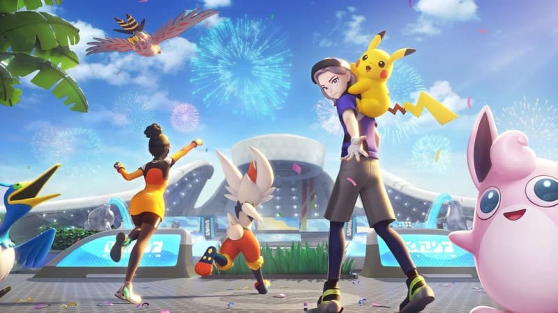 Pokémon Unite trainers and Pokémon walking toward an arena