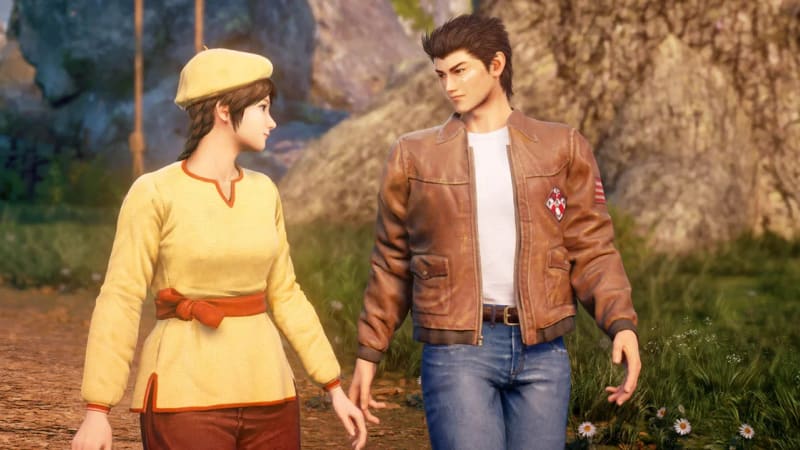 Two Shenmue characters walking through the countryside