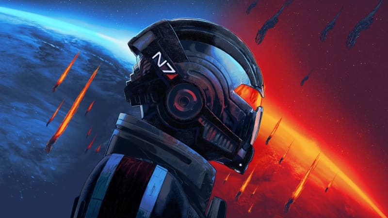 Mass Effect key art with Commander Shepard's N7 helmet against Earth's horizon