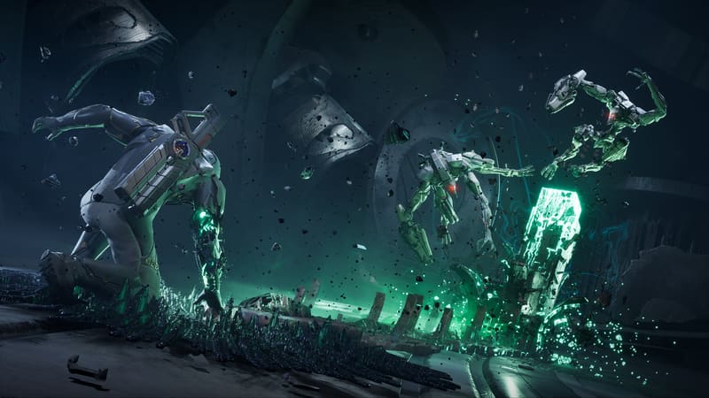 Exodus official artwork of figures amid glowing crystalline energy in a dark space setting