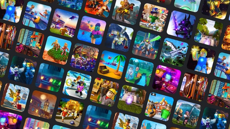 Roblox logo and colorful game world