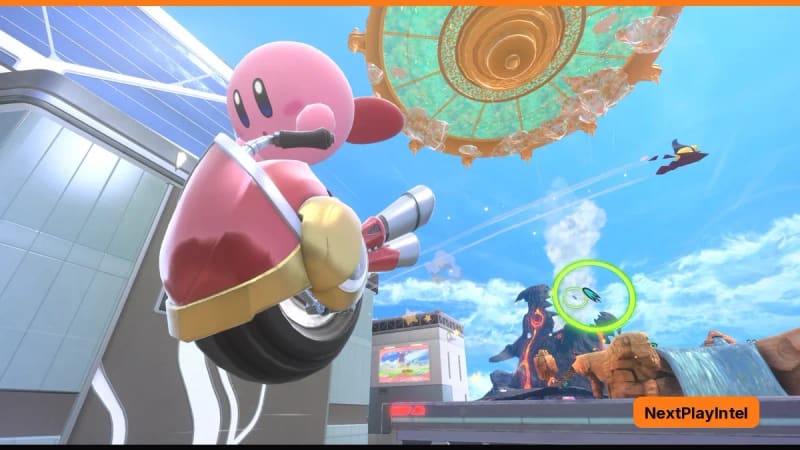 Kirby riding a red wheelie bike mid-air in Kirby Air Riders